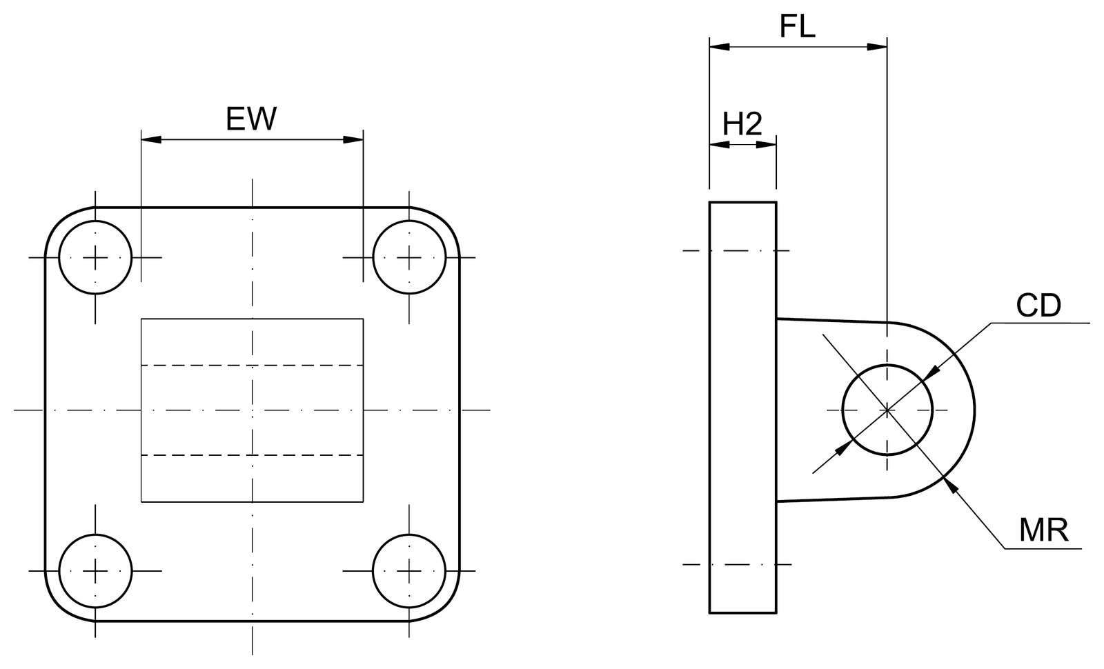 Desenho técnico da família de Olhal traseiro